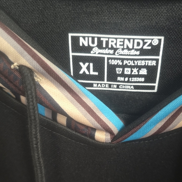 Nu Trendz Black Hoodie with Patterend Sleeves, Front Pocket & Hood, Sz XL Unisex - Picture 2 of 11